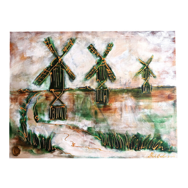 Hollandse Molen – Zaanse Schans – Origineel schilderij van Rick Triest – 90 × 120 × 2,5 cm – HOLLANDS LICHT