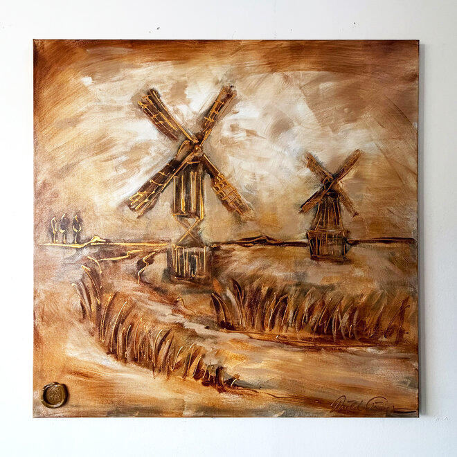 Schilderij – 100 × 100 × 2,5 cm – Rick Triest – HOLLANDS LICHT – Hollandse Molen – Rembrandt Umber