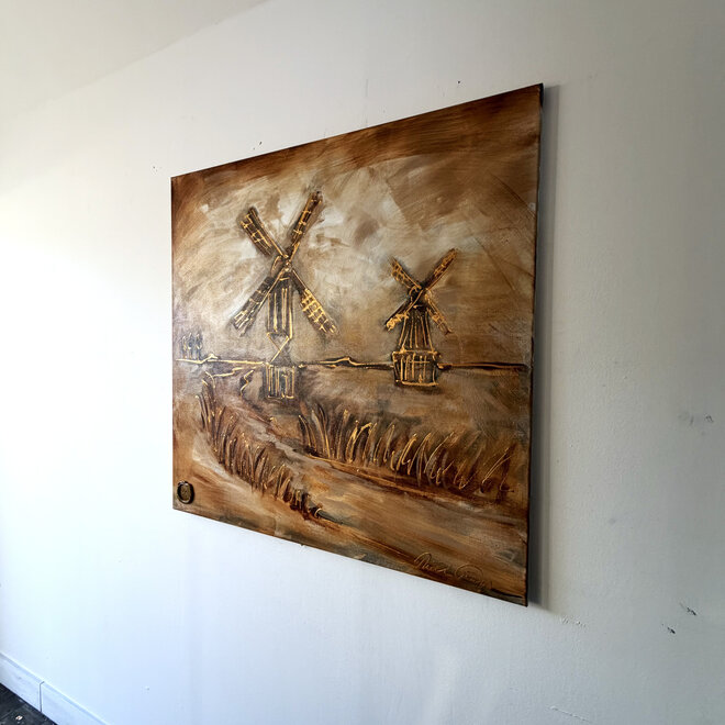 Dutch Windmill –Rembrandt Umber – Original Painting by Rick Triest – 100 × 100 × 2.5 cm – HOLLANDS LICHT