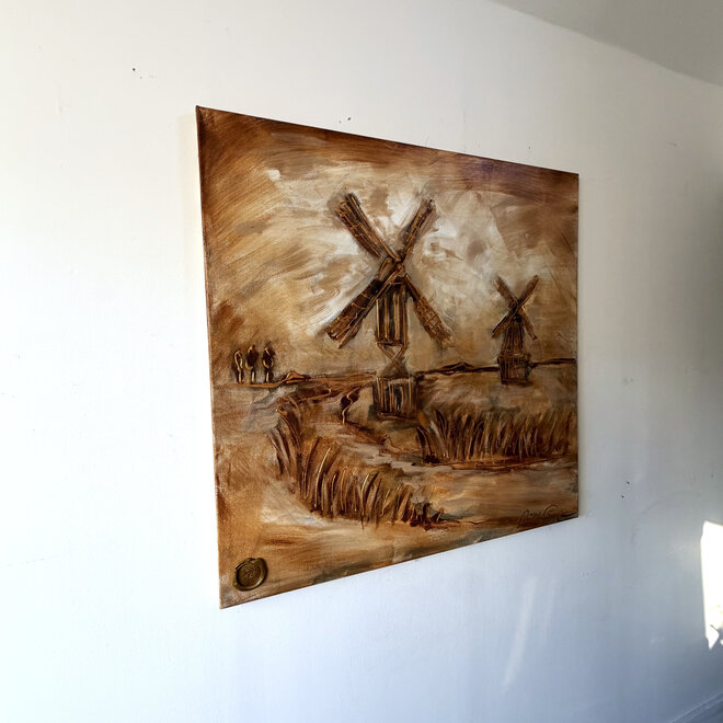 Dutch Windmill –Rembrandt Umber – Original Painting by Rick Triest – 100 × 100 × 2.5 cm – HOLLANDS LICHT