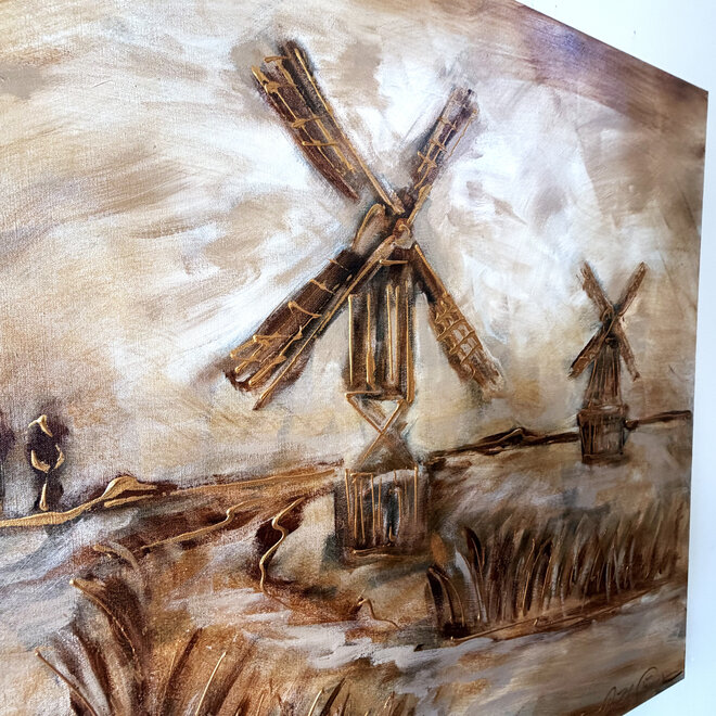Dutch Windmill –Rembrandt Umber – Original Painting by Rick Triest – 100 × 100 × 2.5 cm – HOLLANDS LICHT