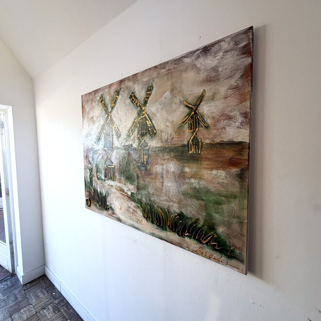 Hollandse Molen – Zaanse Schans – Origineel schilderij van Rick Triest – 90 × 120 × 2,5 cm – HOLLANDS LICHT
