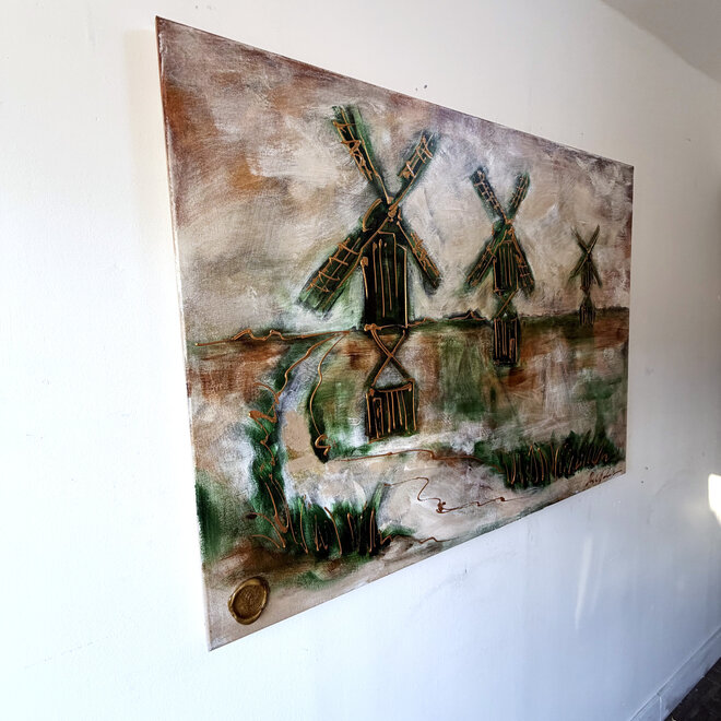 Dutch Windmill –Zaanse Schans – Original Painting by Rick Triest – 90 × 120 × 2,5 cm – HOLLANDS LICHT