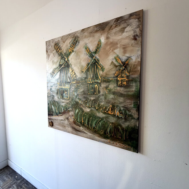 Hollandse Molen – Aan de Zaan – Origineel schilderij van Rick Triest – 100 × 100 × 2,5 cm – HOLLANDS LICHT