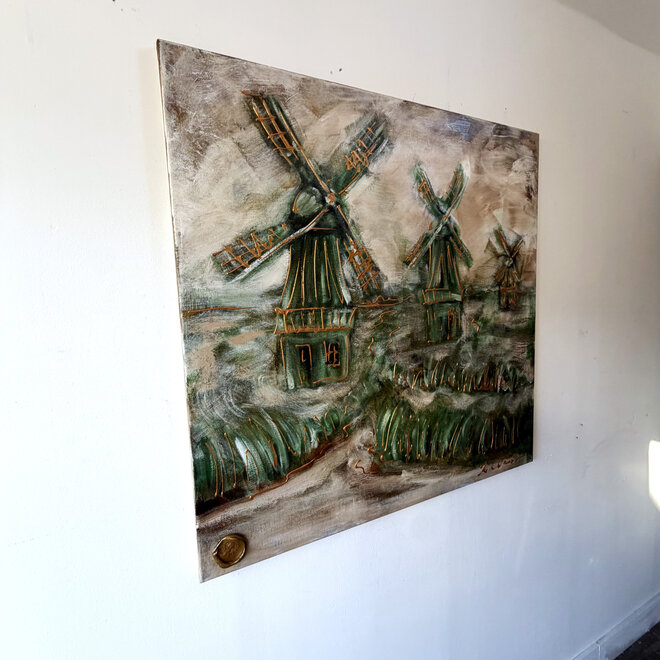Hollandse Molen – Aan de Zaan – Origineel schilderij van Rick Triest – 100 × 100 × 2,5 cm – HOLLANDS LICHT
