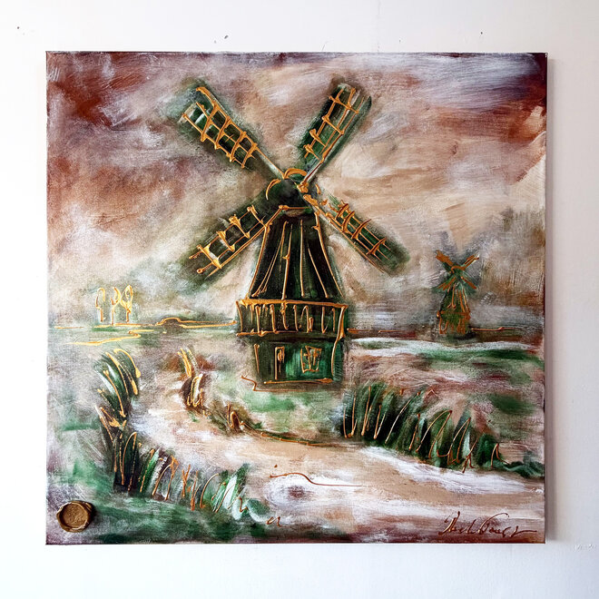 Schilderij – 100 × 100 × 2,5 cm – Rick Triest – HOLLANDS LICHT – Hollandse Molen – Zaans Groen