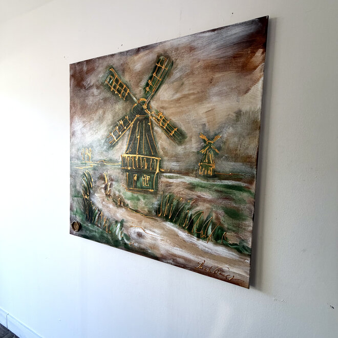 Hollandse Molen – Zaans Groen – Origineel schilderij van Rick Triest – 100 × 100 × 2,5 cm – HOLLANDS LICHT