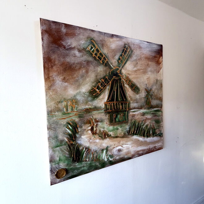 Dutch Windmill –Zaans Groen – Original Painting by Rick Triest – 100 × 100 × 2.5 cm – HOLLANDS LICHT
