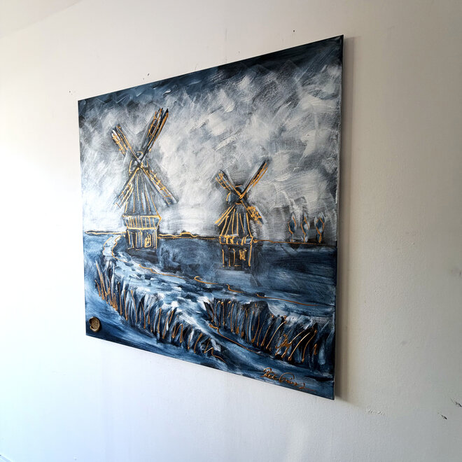 Dutch Windmill – Delft Blue Heritage. – Original Painting by Rick Triest – 100 × 100 × 2.5 cm – HOLLANDS LICHT