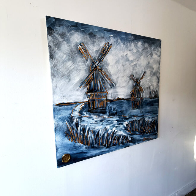 Dutch Windmill – Delft Blue Heritage. – Original Painting by Rick Triest – 100 × 100 × 2.5 cm – HOLLANDS LICHT