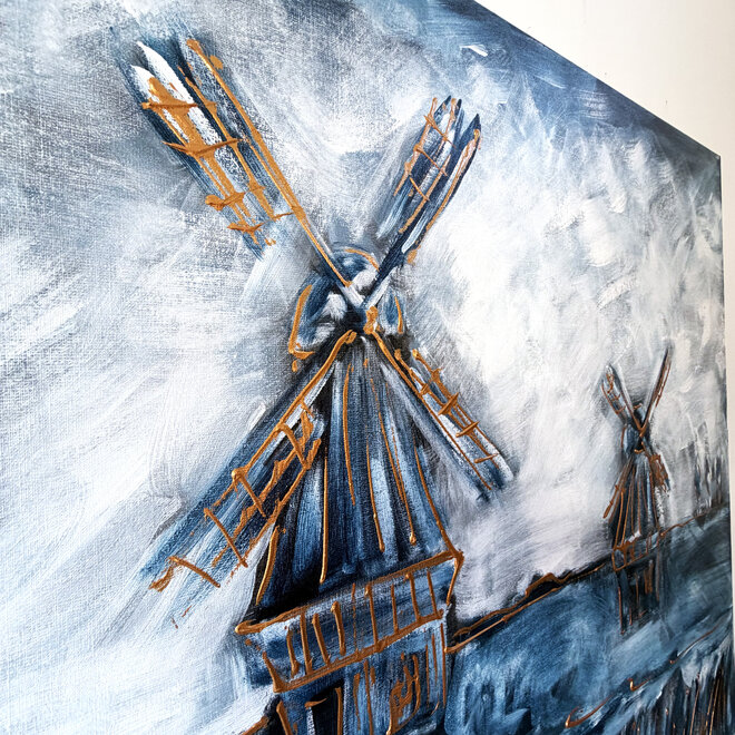 Dutch Windmill – Delft Blue Heritage. – Original Painting by Rick Triest – 100 × 100 × 2.5 cm – HOLLANDS LICHT