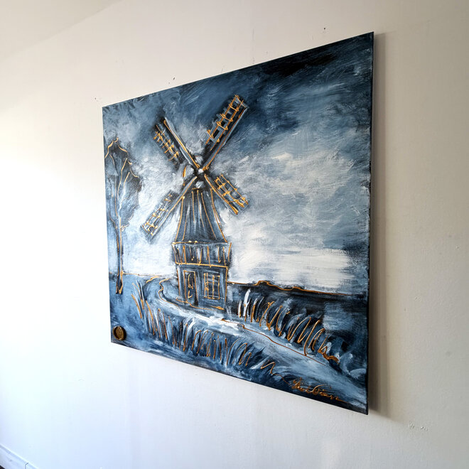 Hollandse Molen – Delft Blue – Origineel schilderij van Rick Triest – 100 × 100 × 2,5 cm – HOLLANDS LICHT