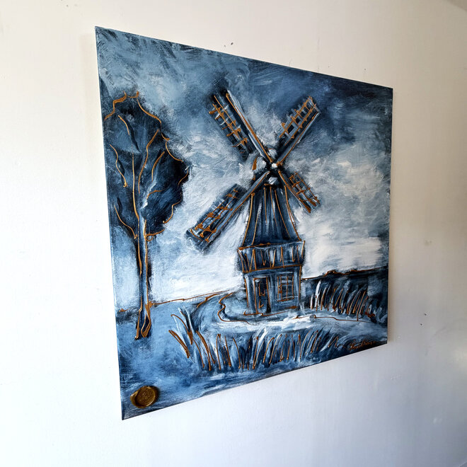 Hollandse Molen – Delft Blue – Origineel schilderij van Rick Triest – 100 × 100 × 2,5 cm – HOLLANDS LICHT