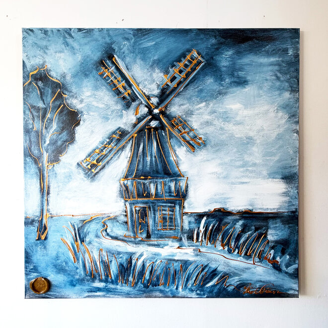 Schilderij – 100 × 100 × 2,5 cm – Rick Triest – HOLLANDS LICHT – Hollandse Molen – Delft Blue