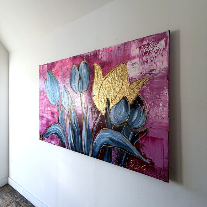 Schilderij - 100x150 cm - Rick Triest - Tulpenmanie - Compositie van tulpen met goud #19