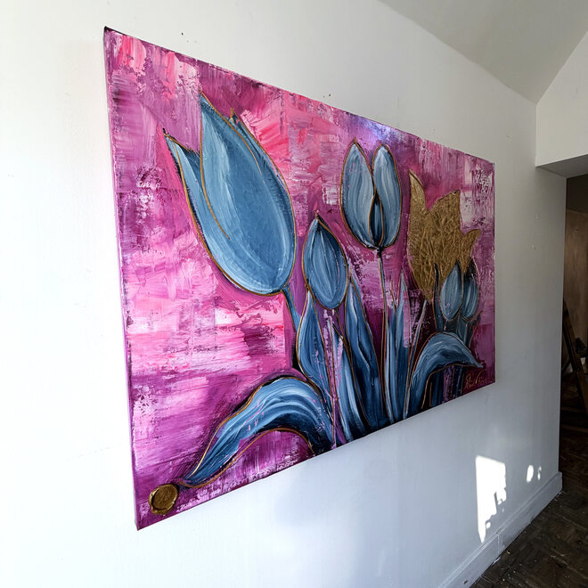 Schilderij - 100x150 cm - Rick Triest - Tulpenmanie - Compositie van tulpen met goud #19