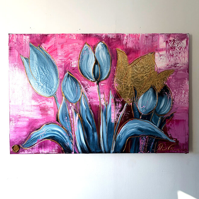Schilderij - 100x150 cm - Tulpenmanie - Compositie van tulpen met goud #19