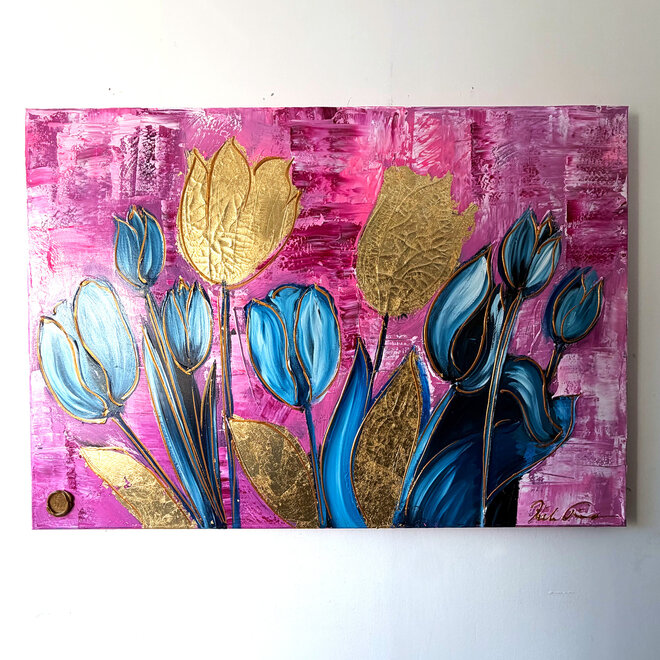 Schilderij - 100x150 cm - Rick Triest - Tulpenmanie - Compositie van tulpen met goud #18