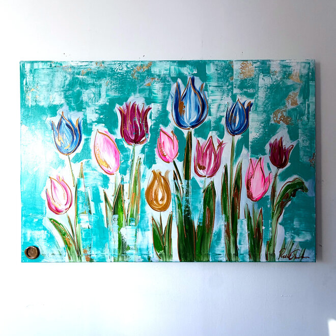 Painting - 100x150 cm - Rick Triest - Tulpenmanie - Compositie van tulpen met goud #17