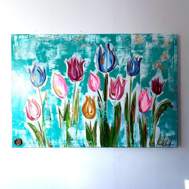 Schilderij - 100x150 cm - Tulpenmanie - Compositie van tulpen met goud #17