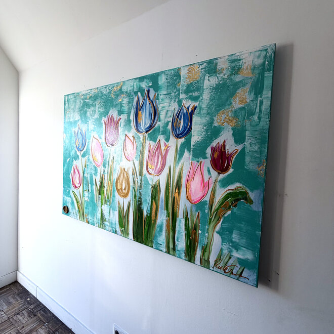 Schilderij - 100x150 cm - Rick Triest - Tulpenmanie - Compositie van tulpen met goud #17