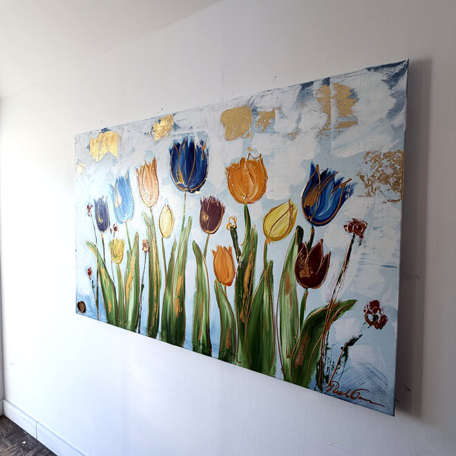 Schilderij - 100x150 cm - Rick Triest - Tulpenmanie - Compositie van tulpen met goud #16