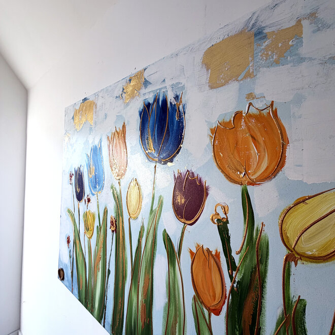 Painting  - 100x150 cm - Rick Triest - Tulpenmanie - Compositie van tulpen met goud #16