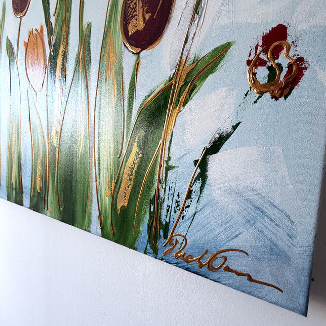 Schilderij - 100x150 cm - Rick Triest - Tulpenmanie - Compositie van tulpen met goud #16