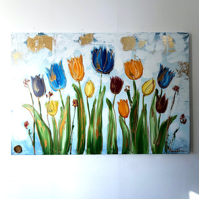 Schilderij - 100x150 cm - Tulpenmanie - Compositie van tulpen met goud #16