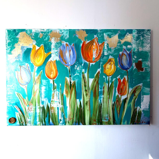 Painting  - 100x150 cm - Rick Triest - Tulpenmanie - Compositie van tulpen met goud #15