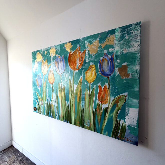 Painting  - 100x150 cm - Rick Triest - Tulpenmanie - Compositie van tulpen met goud #15