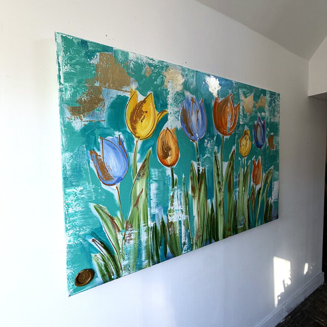 Schilderij - 100x150 cm - Rick Triest - Tulpenmanie - Compositie van tulpen met goud #15