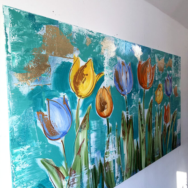 Painting  - 100x150 cm - Rick Triest - Tulpenmanie - Compositie van tulpen met goud #15