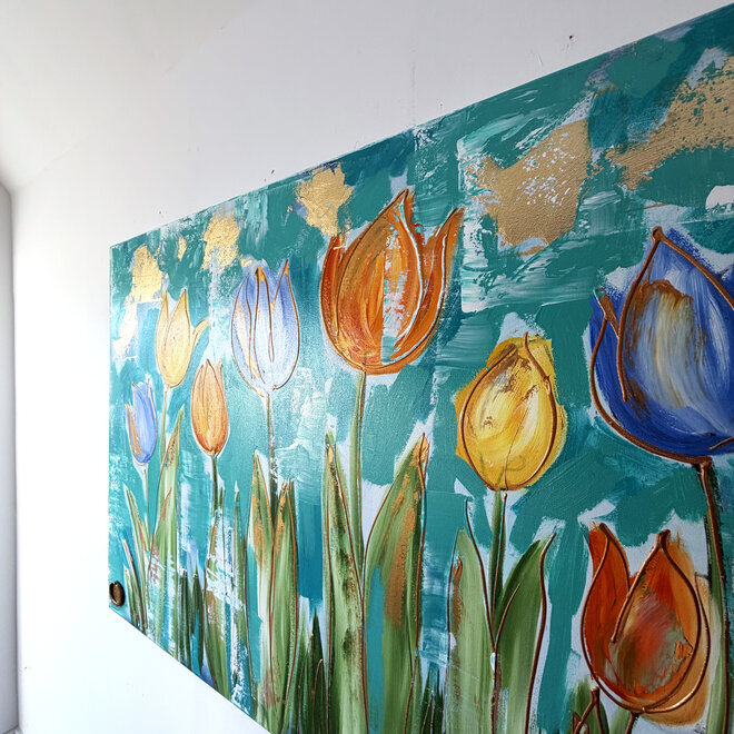 Painting  - 100x150 cm - Rick Triest - Tulpenmanie - Compositie van tulpen met goud #15