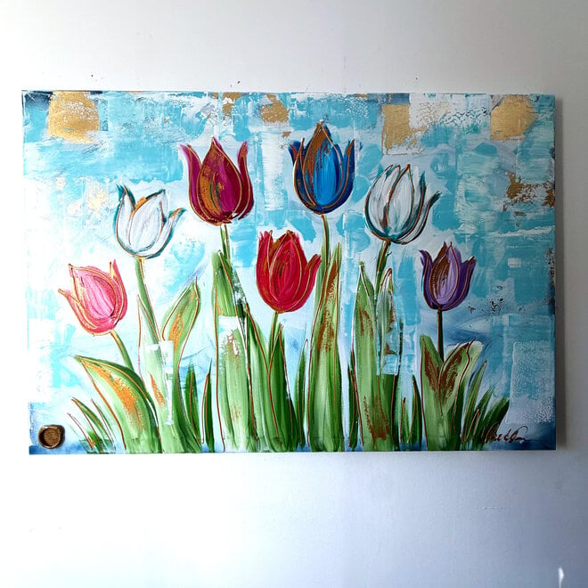 Schilderij - 100x150 cm - Tulpenmanie - Compositie van tulpen met goud #14