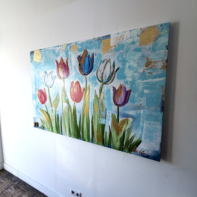 Schilderij - 100x150 cm - Rick Triest - Tulpenmanie - Compositie van tulpen met goud #14