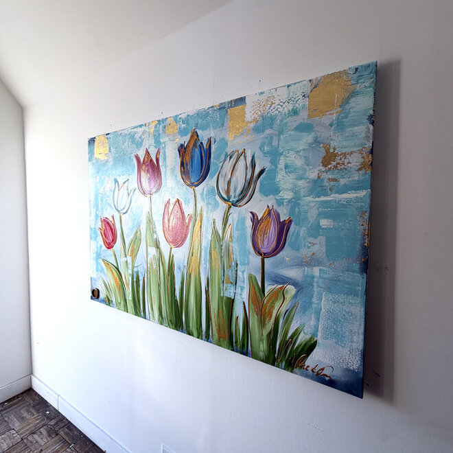 Schilderij - 100x150 cm - Rick Triest - Tulpenmanie - Compositie van tulpen met goud #14