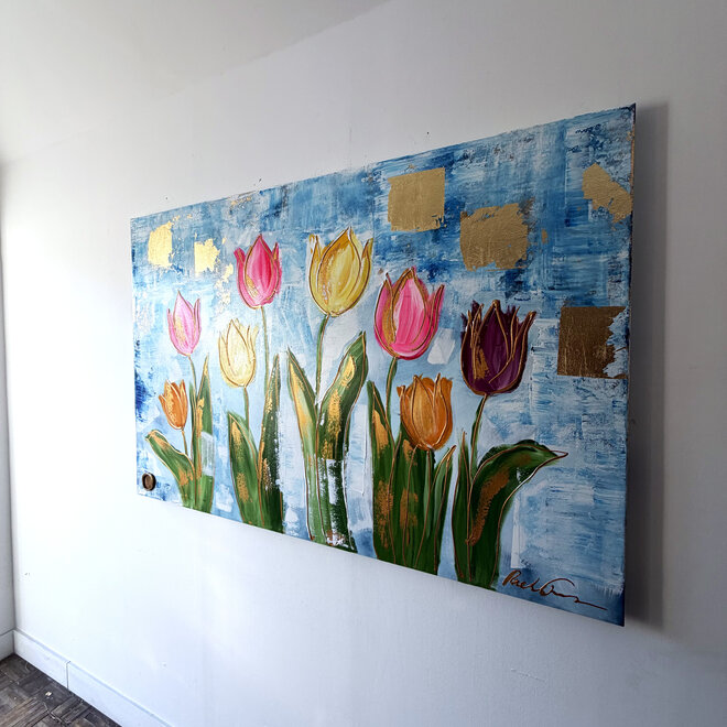 Painting - 100x150 cm - Rick Triest - Tulpenmanie - Compositie van tulpen met goud #12