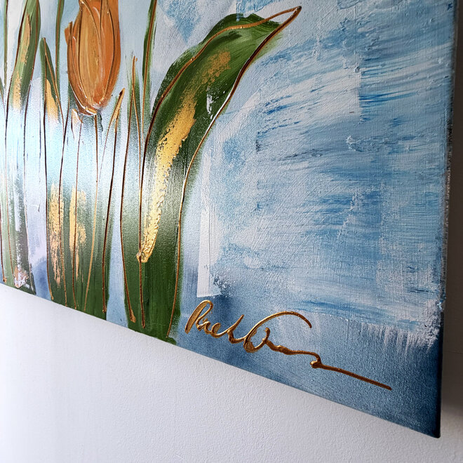 Schilderij - 100x150 cm - Rick Triest - Tulpenmanie - Compositie van tulpen met goud #12