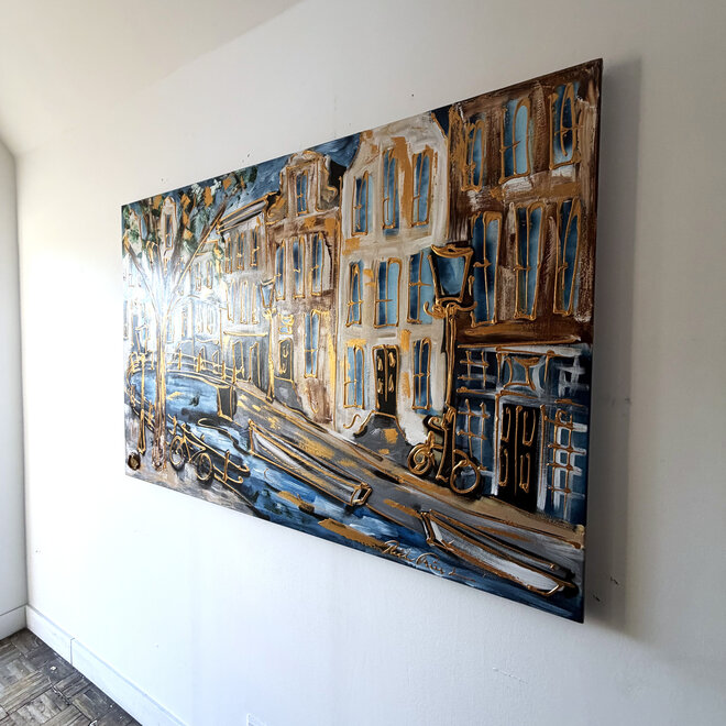 Schilderij- 100x150cm - Rick Triest - Amsterdam Herengracht -Sky Blue and Gold #18