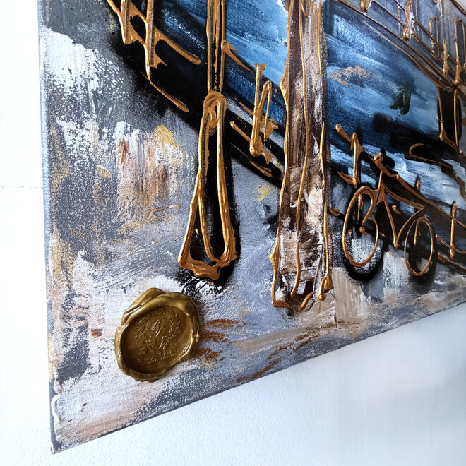 Schilderij- 100x150cm - Rick Triest - Amsterdam Herengracht -Sky Blue and Gold #18