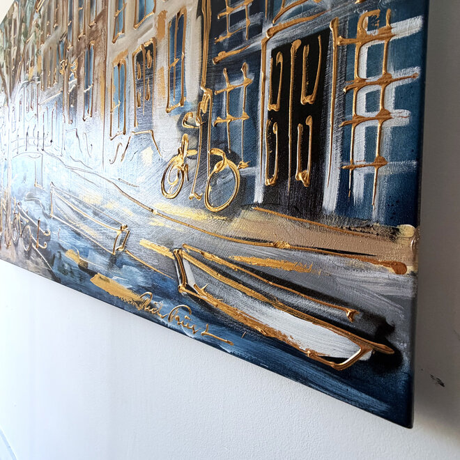 Schilderij- 100x150cm - Rick Triest - Amsterdam Herengracht -Sky Blue and Gold #18