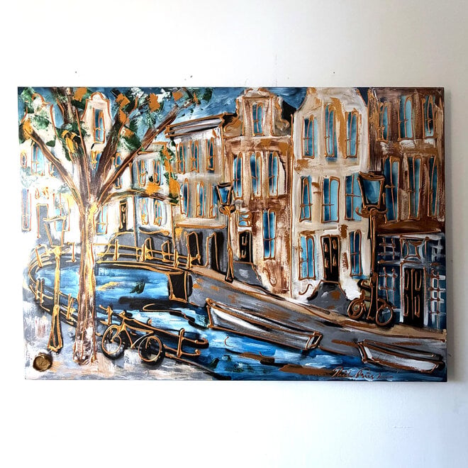 Schilderij- 100x150cm - Amsterdam Herengracht -Sky Blue and Gold #18