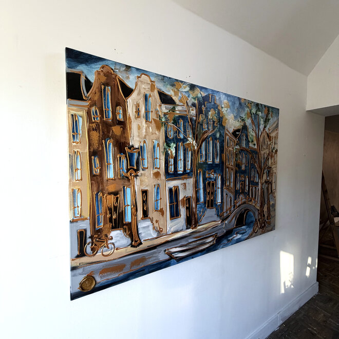 Painting- 100x150cm - Rick Triest - Amsterdam Herengracht -Sky Blue and Gold #17