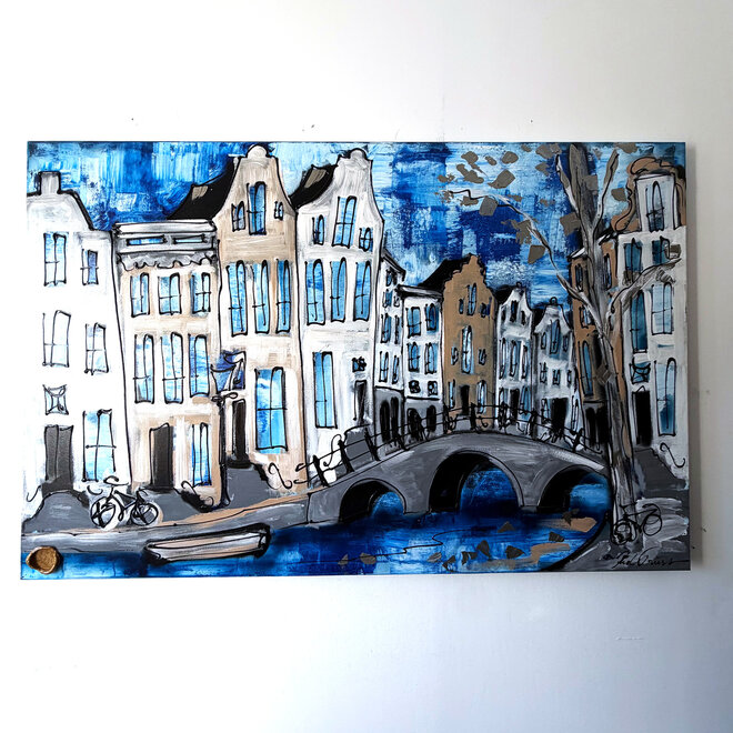Schilderij- 100x150cm - Amsterdam Herengracht -Sky Blue and Gold #16