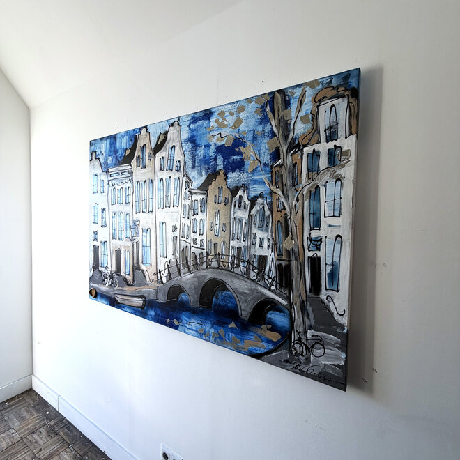 Schilderij- 100x150cm - Rick Triest - Amsterdam Herengracht -Sky Blue and Gold #16