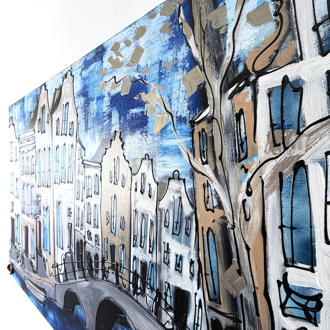 Schilderij- 100x150cm - Rick Triest - Amsterdam Herengracht -Sky Blue and Gold #16