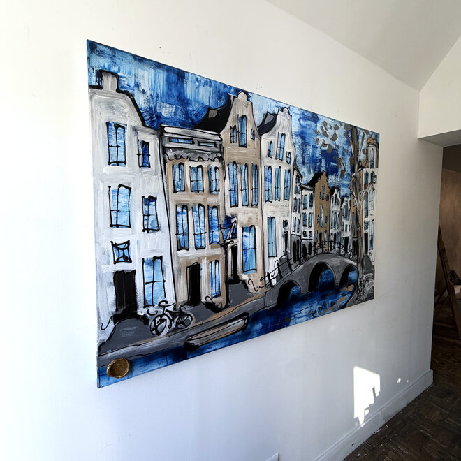 Schilderij- 100x150cm - Rick Triest - Amsterdam Herengracht -Sky Blue and Gold #16