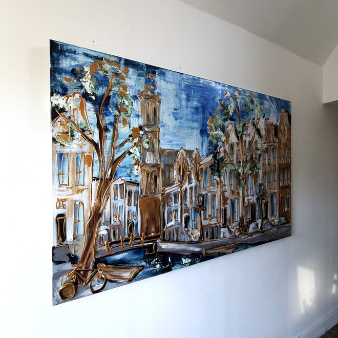 Painting- 100x150cm - Rick Triest - Amsterdam Herengracht -Sky Blue and Gold #15 - Westertoren