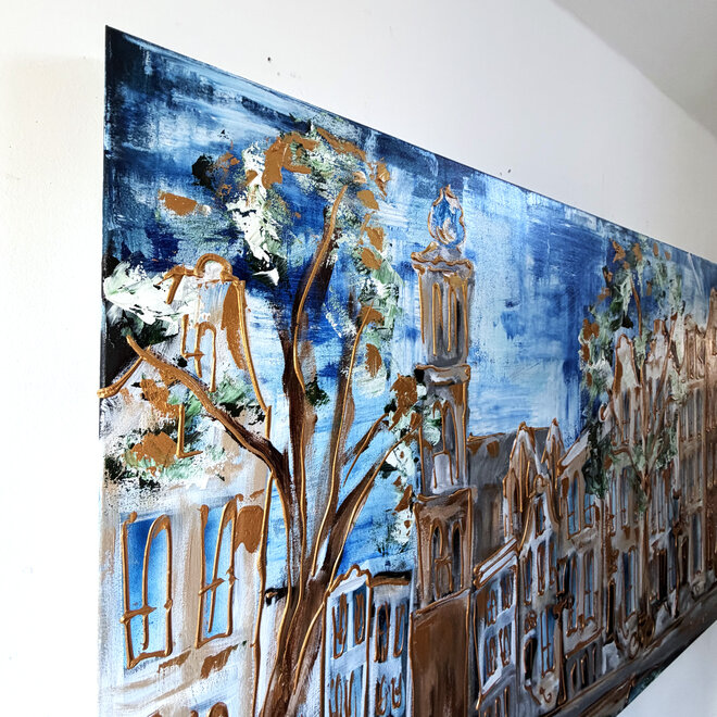 Schilderij- 100x150cm - Rick Triest - Amsterdam Herengracht -Sky Blue and Gold #15 - Westertoren